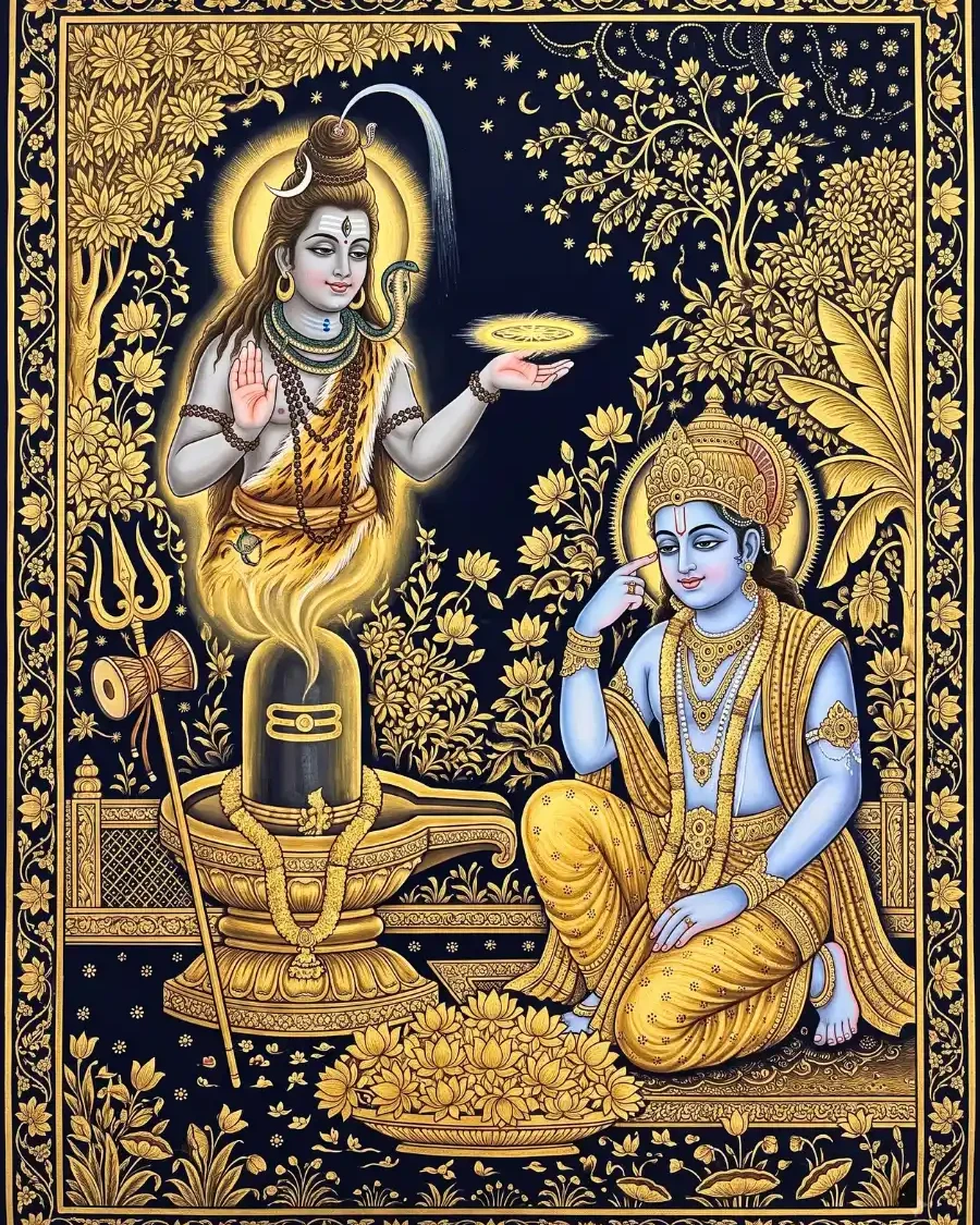 विष्णु लिंग पर कमल चढ़ा रहे हैं और शिव हाथ में चक्र लिए प्रकट हैं।
