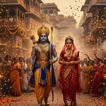 दीपों और गेंदे के फूलों से सजी अयोध्या की सड़कों पर श्री राम और माता सीता पर पुष्प वर्षा करती प्रजा
