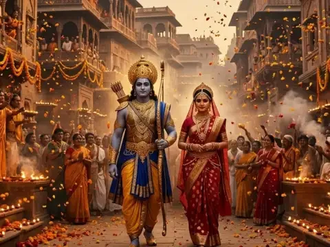 दीपों और गेंदे के फूलों से सजी अयोध्या की सड़कों पर श्री राम और माता सीता पर पुष्प वर्षा करती प्रजा