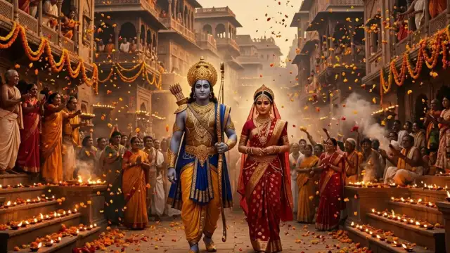 दीपों और गेंदे के फूलों से सजी अयोध्या की सड़कों पर श्री राम और माता सीता पर पुष्प वर्षा करती प्रजा